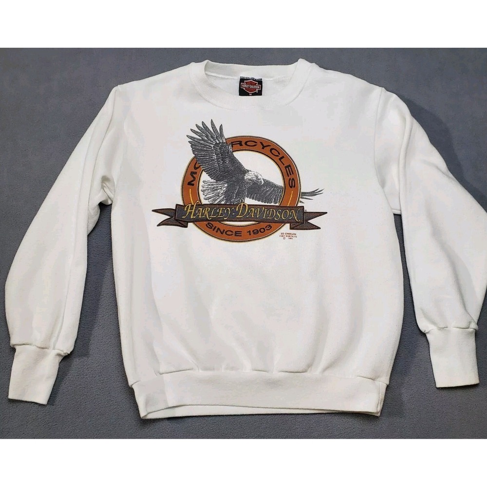 Harley Davidson Vintage 3D Emblem Sweatshirt Adult Medium White 1991 Eagle WI